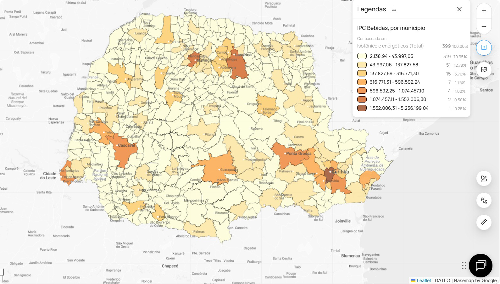 potencial de consumo de isotônicos e energéticos por cidade no estado do Paraná.
