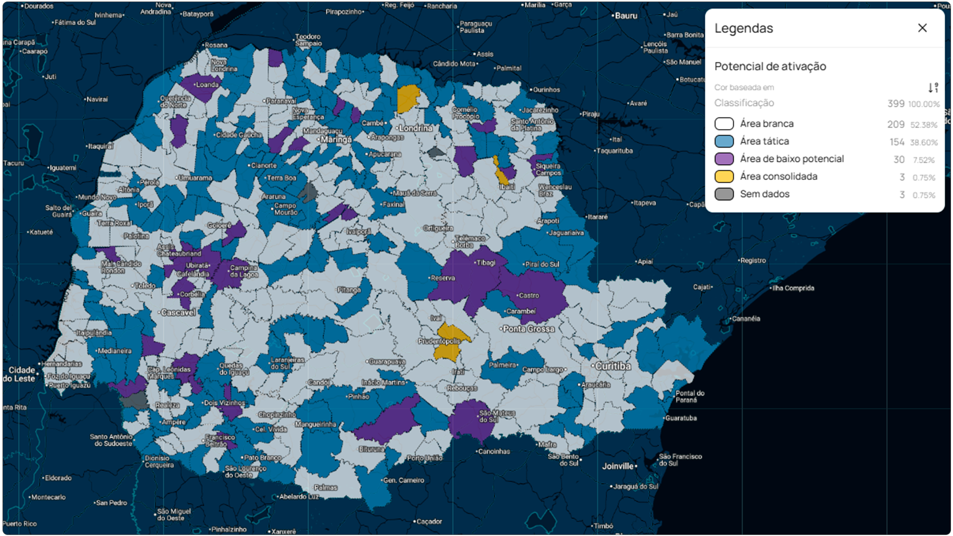 Mapa do estado do Paraná com classificação de áreas brancas e distribuição de empresas por faixa de faturamento, destacando regiões com baixa cobertura comercial e potencial de prospecção.