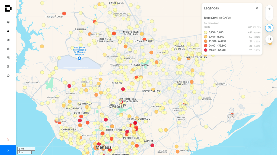 Mapa da plataforma Datlo com a idade das empresas de agricultura e pecuária na região de Manaus, indicando setores mais maduros e resilientes