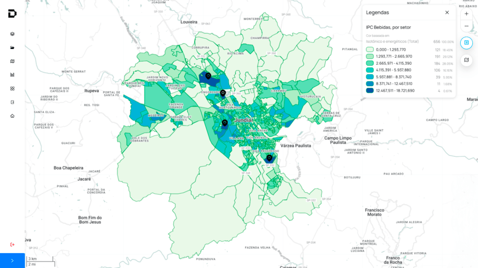 Mapa de potencial de consumo de bebidas isotônicas e energéticas em Jundiaí (SP) na plataforma da Datlo
