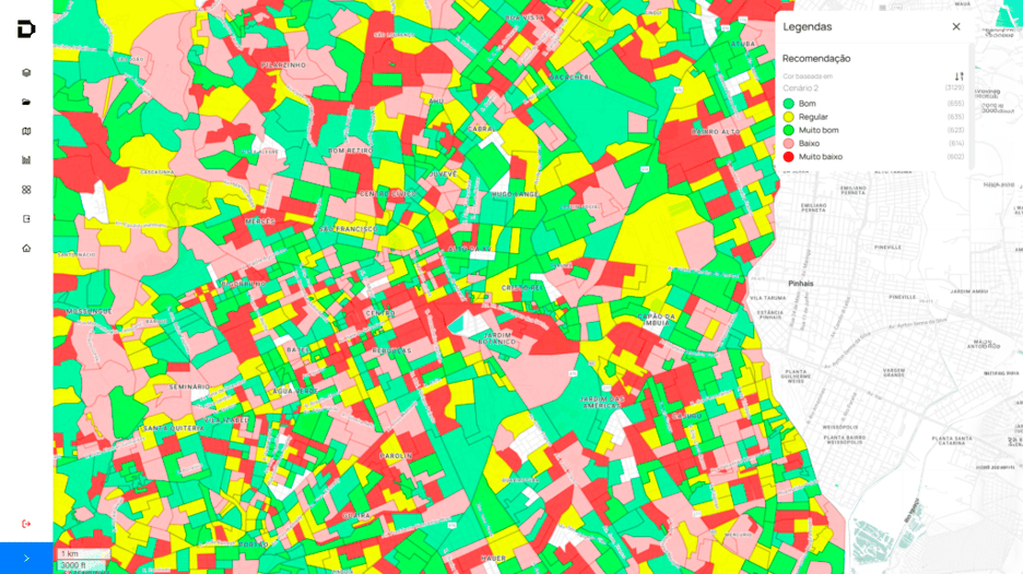 Mapa de análise preditiva por IA da Datlo: áreas verdes de alto potencial de expansão e vermelhas de baixa viabilidade