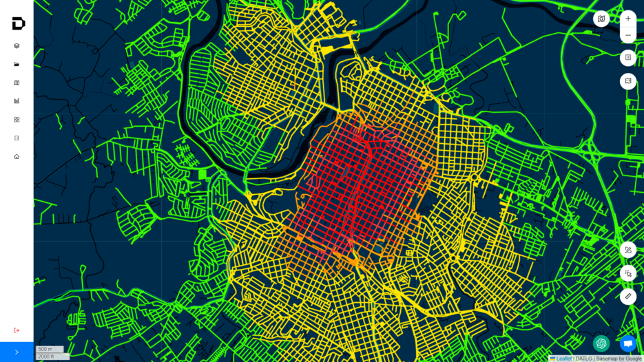 Mapa de uma cidade com as vias coloridas de verde a vermelho conforme a intensidade do fluxo, mais intenso no centro, na plataforma da Datlo