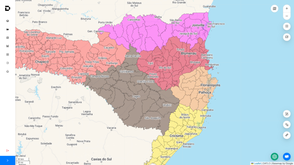 Mapa de Santa Catarina dividido em regiões coloridas, como Oeste, Norte, Vale do Itajaí, Grande Florianópolis, Serra e Sul, para desenho de territórios comerciais na plataforma da Datlo