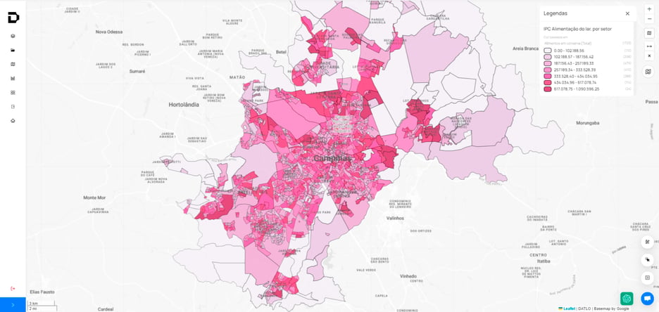 Análise do índice de potencial de consumo segmentada por setor e classe social em Campinas, na plataforma da Datlo