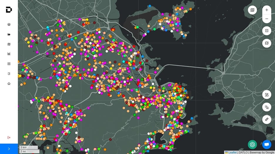 Mapa de concorrência e categorias de empresas por região na plataforma da Datlo