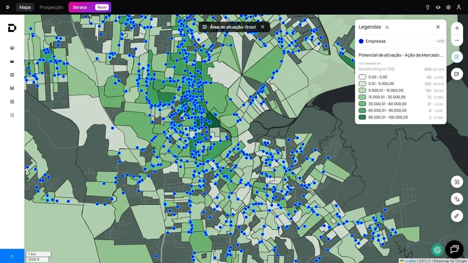 Mapa de potencial de ativação com empresas plotadas sobre a receita atingível por região