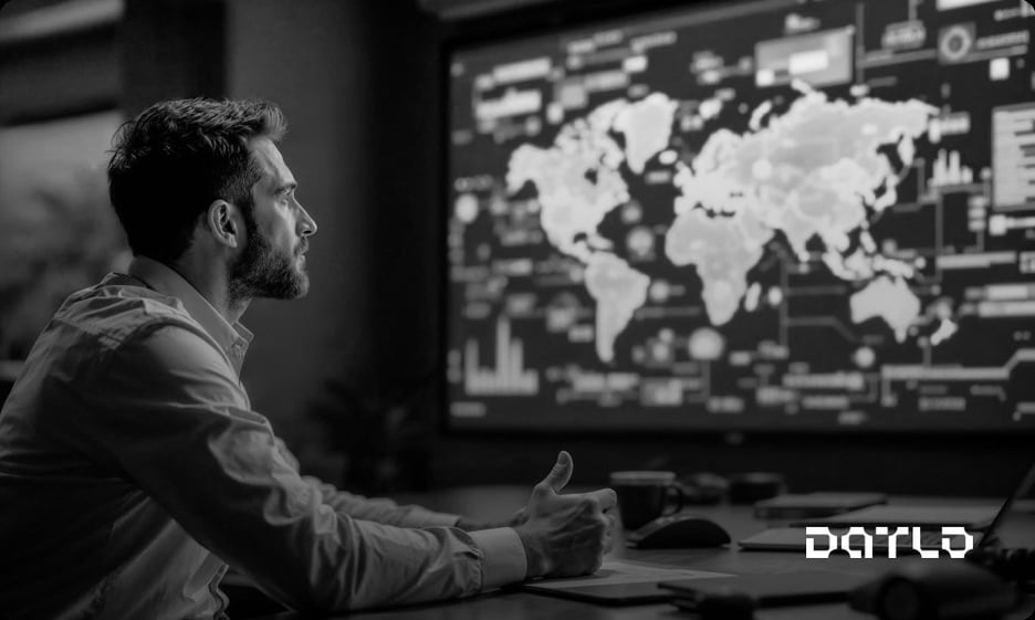 Executivo analisando um grande painel com mapa-múndi e dados geográficos, em preto e branco, representando a leitura do território que sustenta a inteligência geográfica