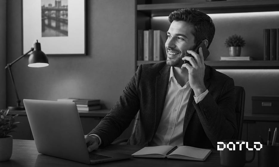 Profissional de vendas B2B sorrindo durante uma ligação em frente ao notebook em um escritório, em preto e branco, representando a prospecção de novas empresas