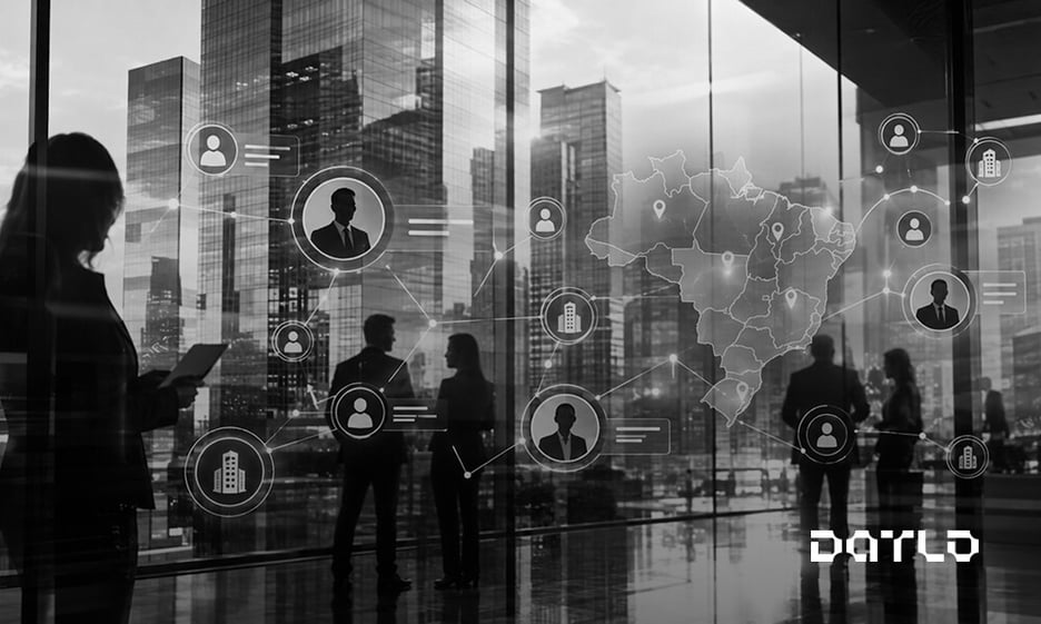 Profissionais em silhueta em um escritório envidraçado com vista para a cidade, com ícones de empresas e decisores conectados sobre o mapa do Brasil, em preto e branco, representando a prospecção B2B por perfil e região