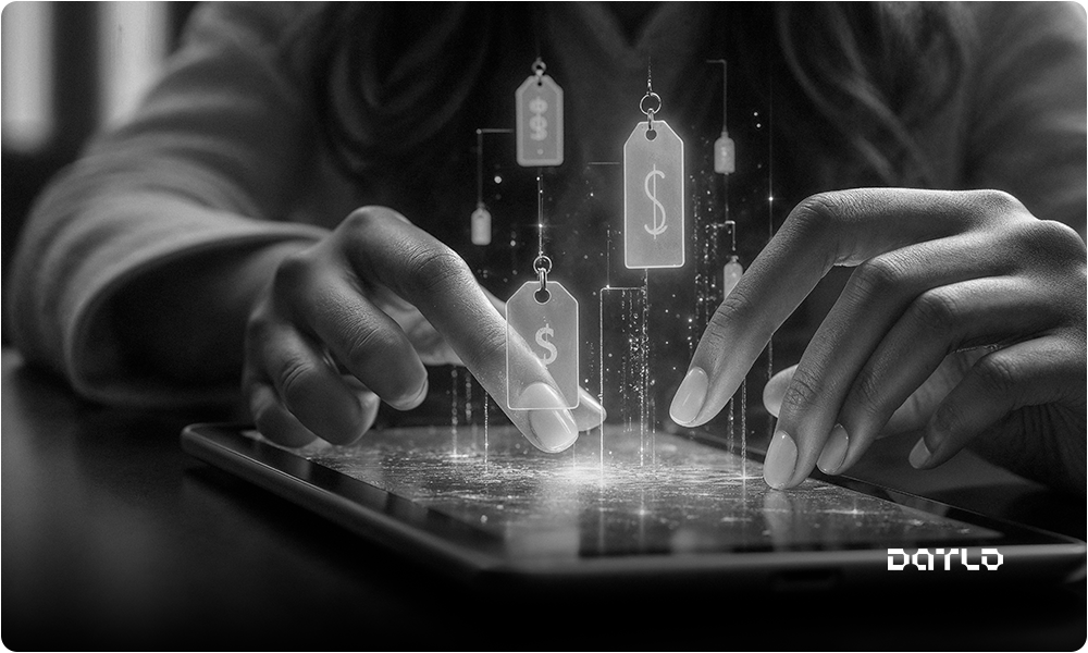 Mãos interagindo com tablet exibindo etiquetas de valor, representando uso de dados de renda do Censo 2022 na inteligência geográfica da Datlo