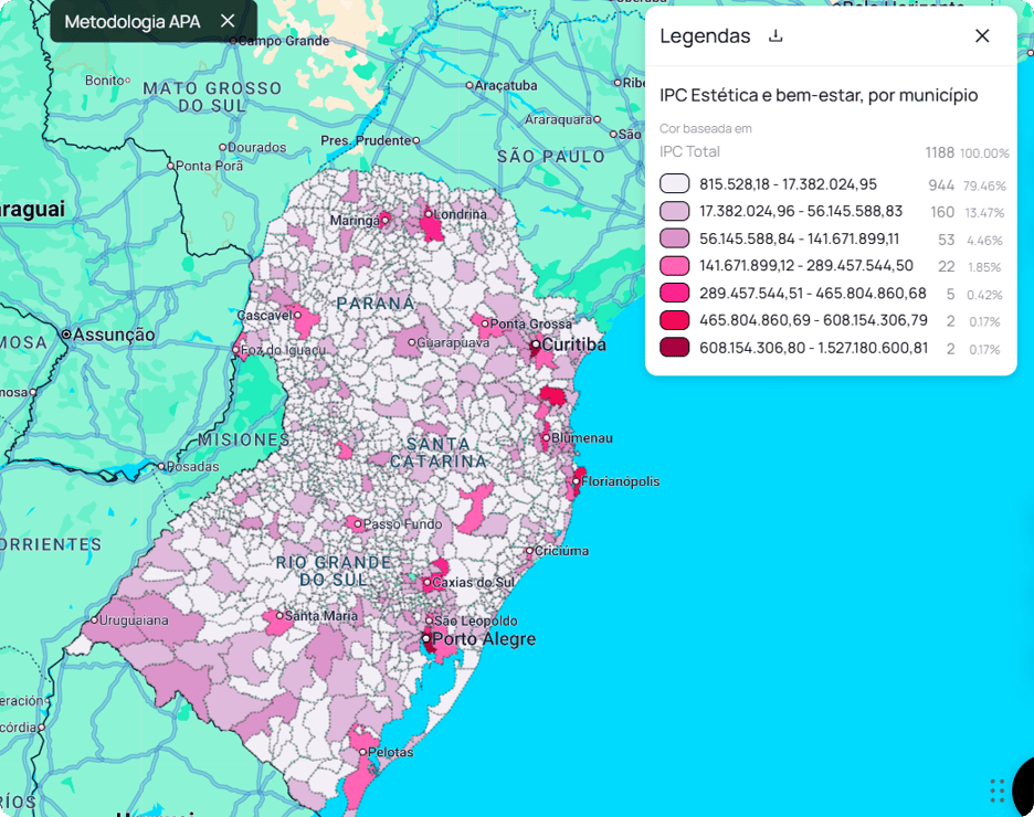 Mapa de potencial de consumo do setor de beleza por região no Retail Maps
