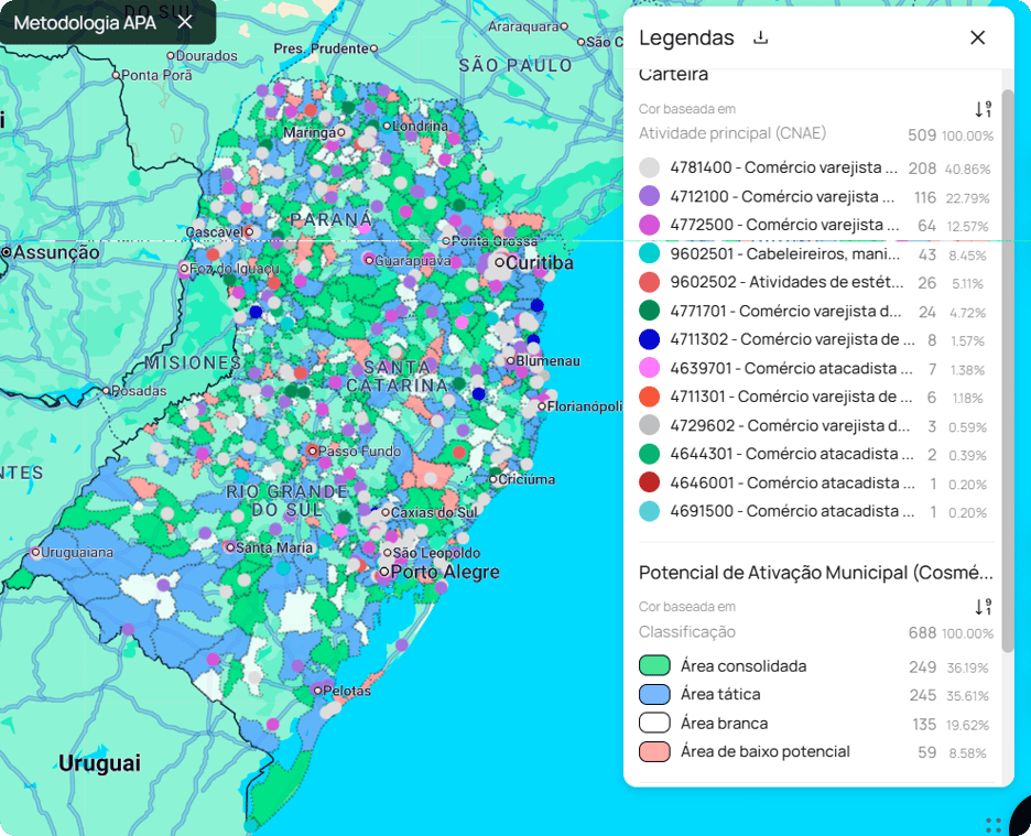 Visão do Retail Maps para identificar regiões de expansão no mercado de beleza pelo gap entre oferta e potencial de consumo