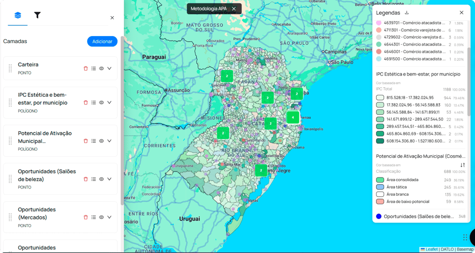 Tela da plataforma Retail Maps mostrando a visão de mercado do setor de beleza por território