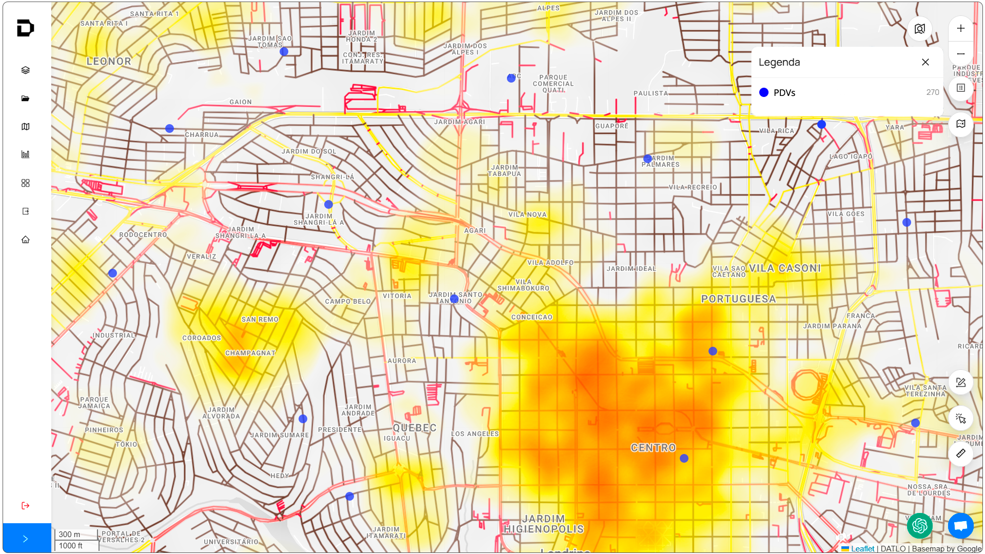 Mapa de calor com distribuição de PDVs em região urbana, destacando concentração comercial e possíveis áreas brancas a serem exploradas com inteligência de mercado.