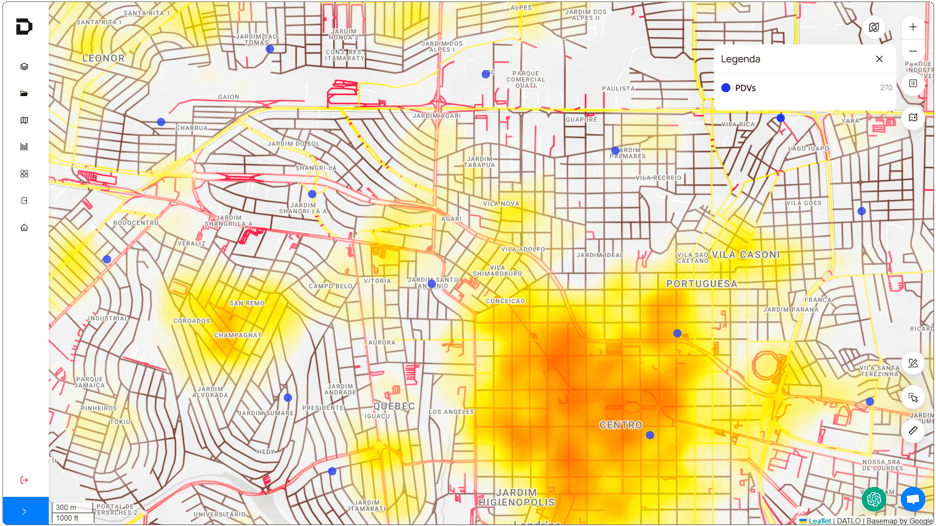 Mapa de calor com a distribuição de PDVs em região urbana, destacando concentração comercial e áreas brancas a explorar na plataforma Datlo