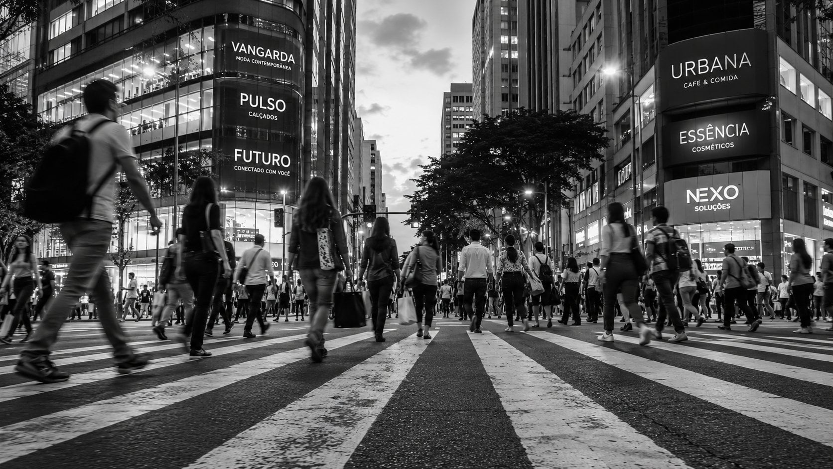 Pedestres cruzando uma faixa larga em avenida comercial movimentada de uma metrópole, em preto e branco, representando o fluxo de pessoas que forma a área de influência de uma loja