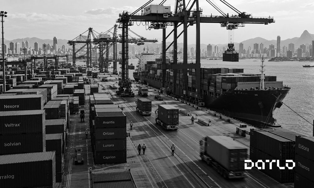 Terminal de contêineres em um porto brasileiro, com guindastes carregando um navio e caminhões em movimento, em preto e branco, representando a internacionalização de empresas